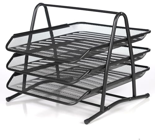ABN-FINEST Stackable 3 Tier Office Filing Trays, Racks for Desk, A4 Documents, Paper, Letters, Stationary, Magazine - Metal Mesh - Easy to Assemble - Black