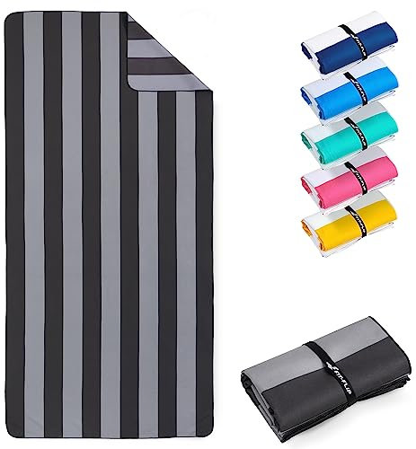 Fit-Flip Strandtuch XXL - Mikrofaser Badetuch - Strandtücher leicht und schnelltrocknend - 100% recyceltes Mikrofaser Handtuch - Strandhandtuch zum Baden (Grau-Dunkelgrau gestreift 200x90cm)