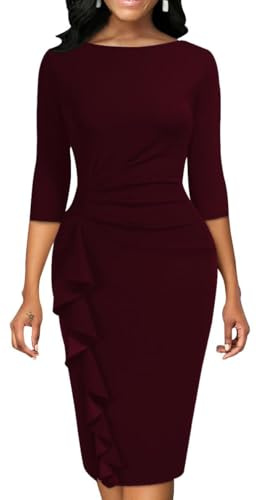 Yajedo Womens Bodycon Cocktail Ruffle 3/4 Sleeve Work Business Knee Length Sheath Dress(Burgundy Small)