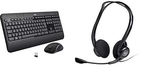 Logitech MK540 Advanced Wireless Keyboard and Mouse Combo, Black & 960 Wired Headset, Stereo Headphones with Noise-Cancelling Microphone, USB - Black, Pack of 1