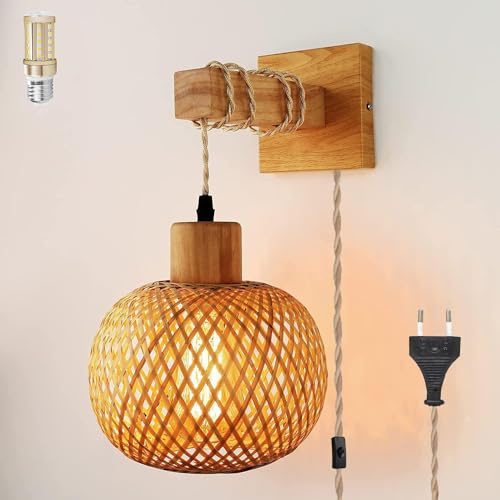Applique da parete vintage a intensità variabile con presa,Lampada da comodino vintage rattan bambù paralume,Lampada da lettura a parete rustica lampada da parete in corda,per camera da letto