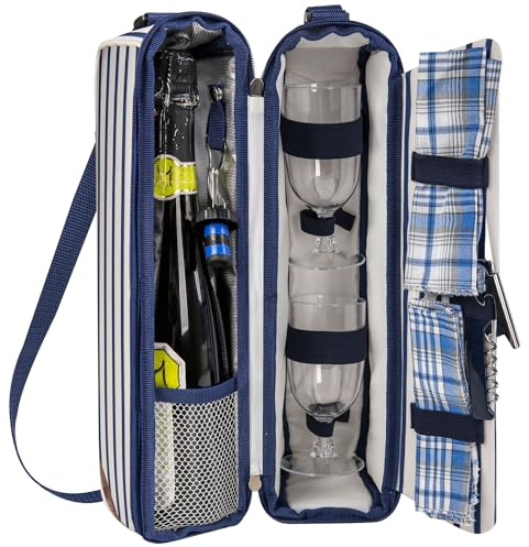 ALLCAMP Wine Tote Bag with Cooler Compartment，Picnic Set Carrying Two Sets of Tableware（Blue Stripe）