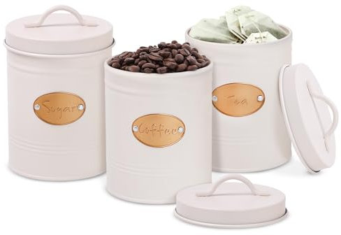 DANIEL JAMES Housewares Round Tea, Coffee, Sugar Canisters, With Lids and Handle, Set of 3 Kitchen Storage Set, Kitchen Canister Set with Lids, Dry Food Storage, 3 Piece Set, Cream