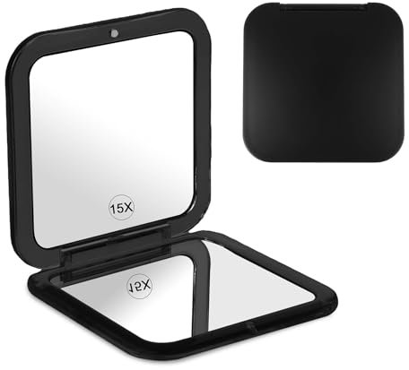 Dimeho Faltbarer Makeup Spiegel mit 15-facher Vergrößerung Doppelseitig Kosmetikspiegel Tragbarer Reisespiegel Kleiner Taschenspiegel Reise Kompaktspiegel für Handtaschen Büro Damen (Schwarz)