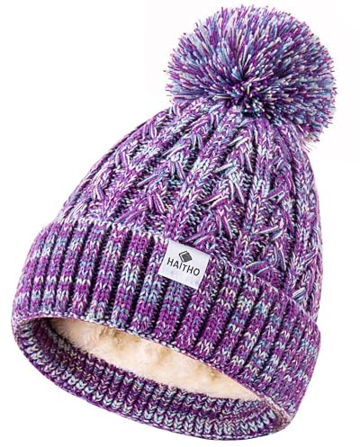 HAITHO Kids Toddler Winter Hat with Pom Pom, 2 Size Kids Toddler Teen Beanie Hats for Girls Boys, Cute Warm Fleece Lined Knit Beanies Cap for Age 2-12 Years-09