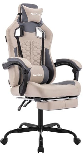 SUKIDA Gaming Stuhl, Ergonomischer Gaming-Stuhl mit Fußstütze, Racing Gaming Chair Kopfstütze Verstellbarer Computerstuhl Höhenverstellbar Lendenwirbelstütze für Homeoffice und Gaming Beige
