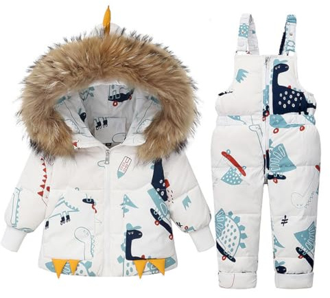 Acuryx Tuta da Sci Stampata 2 Pezzi da Unisex Bambino Piumino con Cappuccio Pellicia Removibili + Salopette da Neve Invernale Antovento Impermeabile Bianco 3-4 Anni