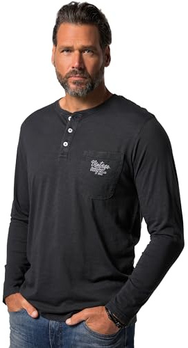 JP 1880 Henley, Langarm, Knopfleiste, Flammjersey T-Shirt, Noir, 4XL Hommes