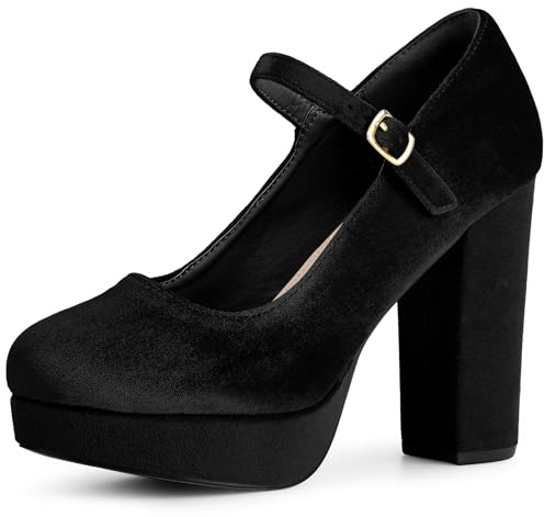 Perphy Platform Chunky Heels Mary Janes Buckle Strap Velvet Black Pumps for Women 10 M US