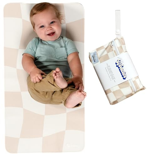 Miles of Wonder Portable Changing Mat with Reusable Waterproof Wet Bag, (16 x 30 Inches) Baby Changing Mat, Non-Toxic Changing Pad Portable Folds and Wipes Clean, Baby Changing Pad Travel (Checkered)