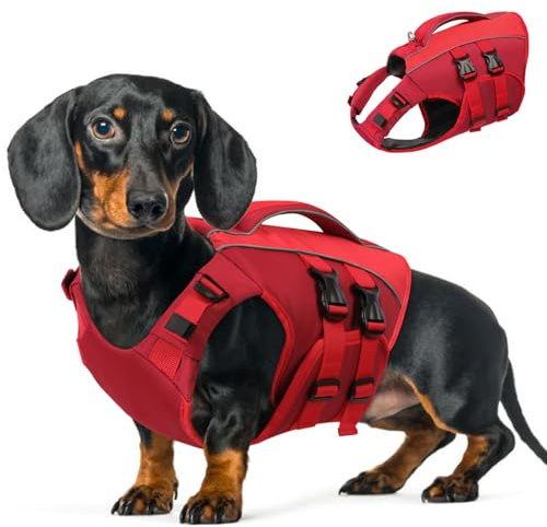 Queenmore Schwimmweste Hund Klein, Ripstop Hunde Schwimmweste, Verstellbar Hundeschwimmweste, Rettungsweste Mit Griff, Schwimmweste Chihuahua,Bootfahren Surfen kajak, Rot, S