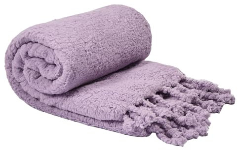 OHS Fleece Blanket Tassel Sherpa Throw, Ultra Soft Cosy Warm Decorative Tassels Decorative Throw Over Fleece Blankets for Bed & Sofa Living Room, 125 x 150cm - Lilac