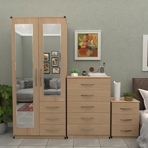 Ready 3-Piece Bedroom Furniture Set, 2-Door Mirrored Wardrobe with Drawers, 5-Drawer Chest, 3-Drawer Bedside Table (Oak)