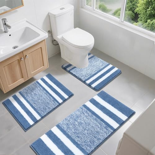 Pauwer Non Slip 3 Pieces Bath Mats and Toilet Mat Set Super Water Absorbent Bath Rug Sets Machine Washable Microfiber Shaggy Shower Floor Mats for Bathroom