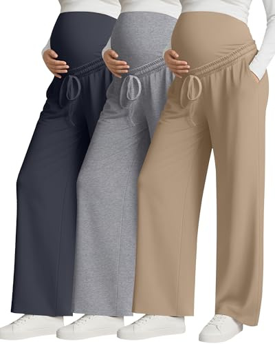 Huukeay 3 Pack Women's Maternity Pants Over The Belly Drawstring Pregnancy Pants Stretchy Lounge Trousers with Pockets(Charcoal Gray, Light Gray, Khaki,Medium)