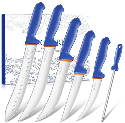 DRAGON RIOT 6 Pcs Butcher Knives Set, Meat Processing Knife Set for Brisket Trimming with German Stainless Steel and Blue Non-slip Handle Gift for Men