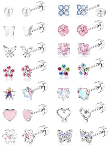 MILACOLATO 14Pairs Flat Back Stud Earrings for Women Girls Hypoallergenic Surgical Steel Earrings for Sensitive Ears Screw Back Stud Earring Set Cute Kids Toddler Sleeper Earring Jewellry-FLAT