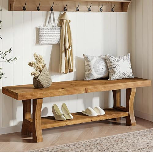 TRIBEWOOD Solid Wood Entryway Bench, 55 End of Bed Bench, Long Indoor Dining Seat for Hallway, Bedroom, Living Room, Dining Room, Easy Assembly, Brown