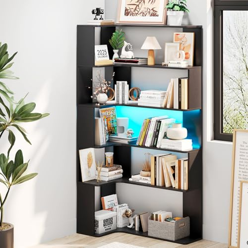 Saitedudu Bibliothèque à 5 étages avec éclairage LED, étagères d'angle en Bois, bibliothèques en L et vitrines pour Le Bureau à Domicile, Le Salon et la Chambre à Coucher (Noir)