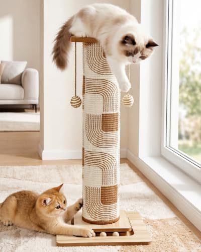 Odoland Cat Scratching Post, 78cm Tall Cat Scratcher for Indoor Cats with Replaceable Sisal Pad & Hanging Toy, Vertical Cat Tree with Sturdy Wood Base for Large Cat Kittens - Brown