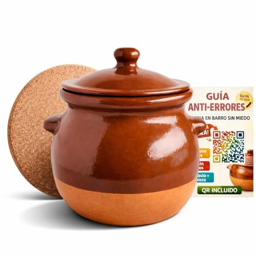 Olla de Barro Refractario Esmaltada 4 L con Tapa – Puchero Tradicional – Incluye Base Protectora y Guía QR Anti-Errores – Cocina Lenta, Guisos y Caldos