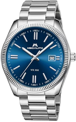 MEGALITH Analogue Watches for Business Men: Stainless Steel Dress Watch with Date Luminous - Waterproof Wristwatch for Daily Wear - Gifts for Stylish Gents - Silver Blue