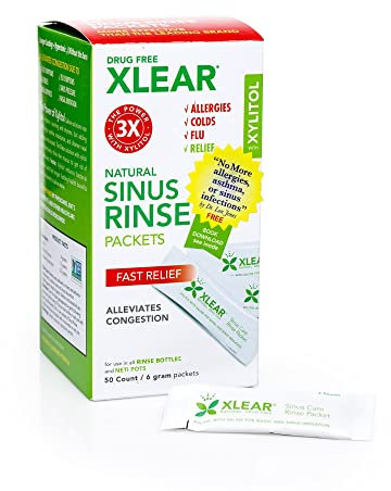 Xlear Natural Xylitol Sinus Rinse Refill, Neti Pot Saline Packets - Nose Cleaner, Works with Most Nasal Irrigation Systems, 50 Count (Pack of 1)