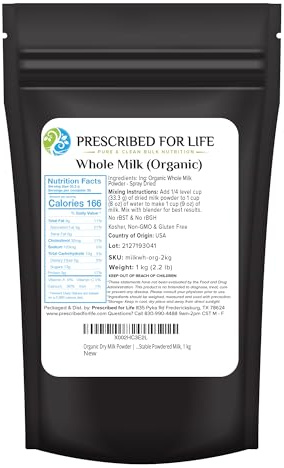 Prescribed For Life Organic Dry Milk Powder, USDA Grade A Whole Milk rBST & rBGH Free, Non GMO, Kosher, Shelf Stable Whole Milk Powder (1kg / 2.2lb)