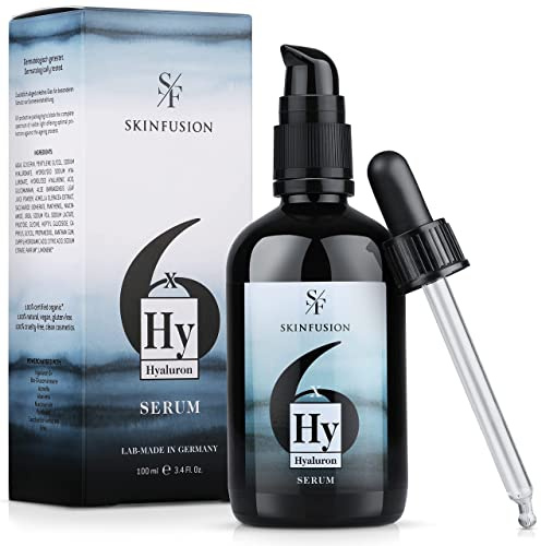 SKINFUSION 6-Fach Bio Hyaluron Serum hochdosiert 100 ml – veganer Multi-Hyaluronsäure-Komplex mit Booster-Wirkstoffen wie Bio-Glucomannan, Aloe, Urea -cleane Feuchtigkeitspflege, Leistungssieger