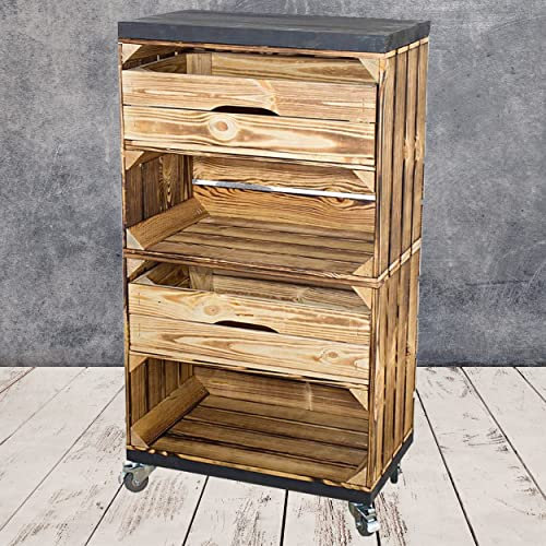 Truhenking Regal aus Zwei geflammten Obstkisten mit Zwei Schubladen und Bohlenbrett in Schwarz, auf Rollen 91x50x30cm Obstkisten Weinkisten