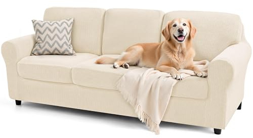 subrtex Slipcover Sets for Sofa, 7 Pieces Stretch Furniture Cover, Wear Resistant, Washable, Checkered Pattern, Ivory (Large)