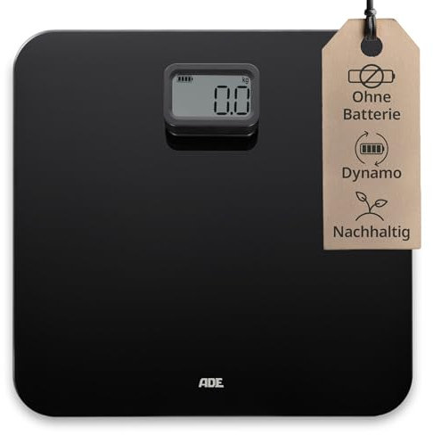 ADE Personenwaage ohne Batterien mit Dynamo - umweltschonende batterielose Waage | Badezimmer Waage digital | Körperwaage nachhaltig | bis 150kg Schwarz