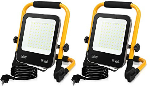Ikodm LED Baustrahler, 2x50W 5100LM Arbeitsleuchte Strahler, IP66 Wasserdicht Tragbar Arbeitsscheinwerfer 6000K Kaltweiß Baulampe, 3M Kabel und Faltbarer Ständer für Baustelle