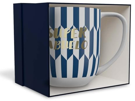 DRAEGER PARIS 1886 - Taza Cerámica Chic con Mensaje Dorado Super Abuelo - Diseño Geométrico en Azul o Rosa, 320 ml, Apta Lavavajillas, Regalo Decorativo Elegante, Caja de Lujo