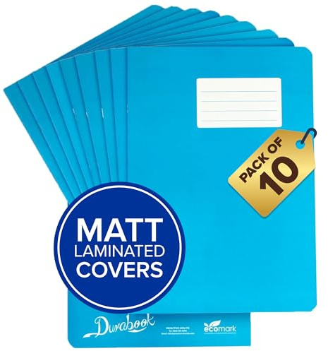 Durabook A4 8mm F&M Light Blue Exercise Books Pack of 10, 80 Page School Exercise Book, Durable Matt Laminated Water-Resistant Cover, Ruled & Margin Notebook A4 Paper, Great Home & School Supplies