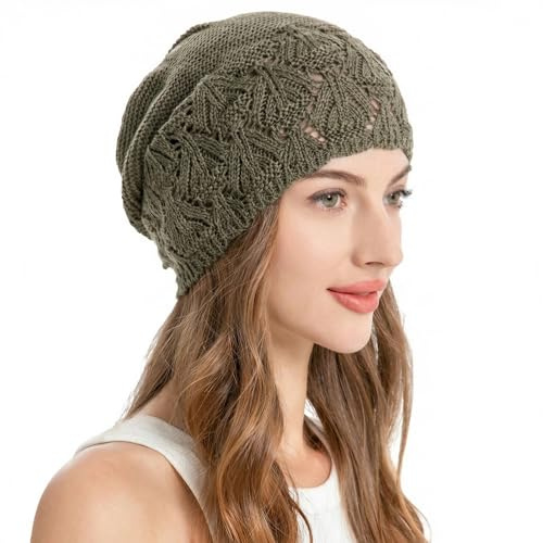 ZLYC Bonnet Souple en Crochet pour Femme - Doux et léger - Tête de Mort - Bonnet en Tricot Extensible, Kaki Massif., Taille Unique