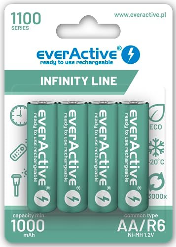 everActive Akku AA 1100 mAh 4 Stück, NI-MH, Mignon R6, wiederaufladbar, vorgeladen, Infinity Line 1.2V, 1 Blisterkarte, grün, EVHRL6-1100