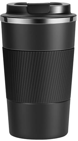 SLOSH Taza Termica de Café para Llevar de Viaje Vaso Termo Cafe Termico de Acero Inoxidable Reutilizables sin BPA de Automóvil Coche Hermético Café Frío y Caliente (Negro 380ml)