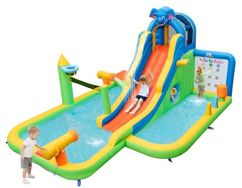 COSTWAY Hüpfburg mit Trocken-/Wasserrutsche, Kletterwand, Planschbecken, Wasserkanonen, Ringwurfspiel, Volleyballfeld, Basketballkorb, Bouncy Castle für Kinder, 469 x 378 x 250 cm