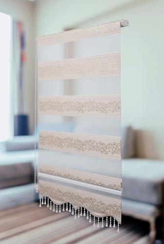 PlisseeOnline Doppelrollo Klemmfix ohne Bohren Gold Silber mit Muster und Perlen Duo Rollo für Fenster und Türen Plissee Rollo Gardine 80 x 200 cm Blickdicht Klemmrollo mit Perlen Seitenzugrollo