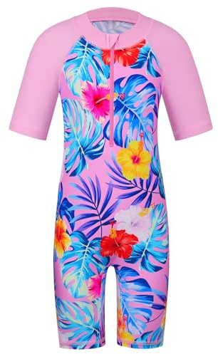 ZNYUNE Girls UV Sun Protection Swimsuit One Piece Long Sleeve UPF 50+ Sunsafe Swimwear Kids Swimming Costume with Zipper 4-12 Years S376 PinkFlower 12A