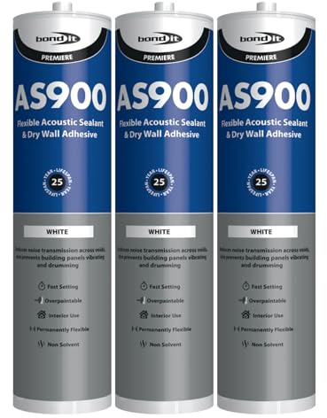 Bond It AS900 Acoustic Sealant & Wall Board Adhesive – 3x White, 900ml | Noise-Reducing – Flexible – Over-Paintable | Solvent-Free Joint Filler for Plasterboard – Ceilings – & Interiors