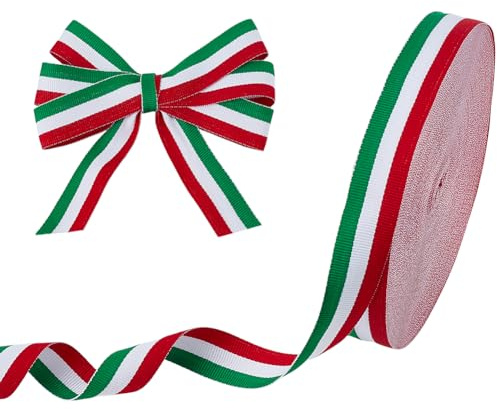 WADORN 45.72 m 25mm Ruban à Rayures Vertes Blanches et Rouges, Ruban Gros Grain Italien Lavable Double Face Patriotique Tricolore pour Emballage de Cadeaux Fête de Fin D'Année