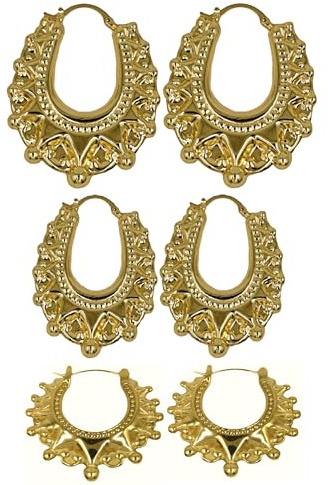 Gold Over Silver Victorian Gypsy Style Hoop Earrings Jewelry Gift Set for Women, Gold Tone, 3 Pairs, Birthday Gift with Box & Bag - No Gemstone