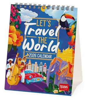Legami - Calendrier de table 2026, Travel The World, calendrier de bureau, 12 mois et planificateur annuel, en anglais, signes du zodiaque, jours fériés internationaux, 12 x 14,5 cm