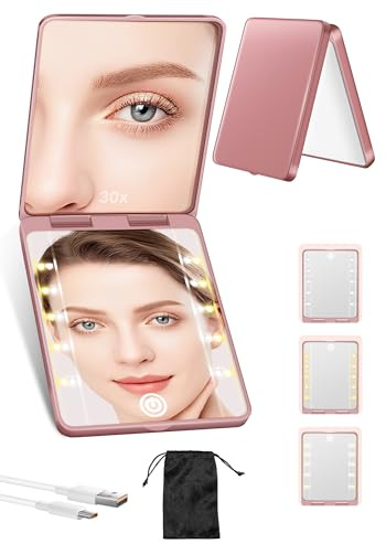 Compact Mirror, Rechargeable Magnifying Makeup Mirror with Light 30X Rose | 3 Lighting Modes & Dimmable Brightness, Essentials for Travel, Pocket, Purse, Handheld, Small, Travel Pouch, Tweezers 750mAh