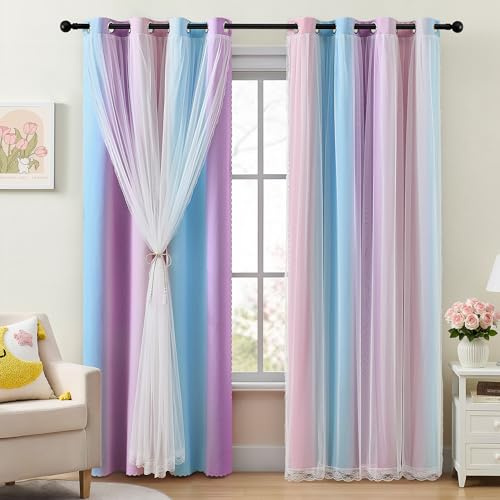 XiDi Thermal Insulated Curtains 72 Inches Bay Window Blackout Eyelet | 2 Panels Thermal Insulated Bedroom Curtains for Room Darkening Privacy Protection Rainbow Unicorn Eyelet Drape Pink Purple
