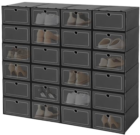 GXSFLG 24 cajas transparentes para zapatos, apilables, con tapa abatible, orificios de ventilación, almacenamiento de zapatos reforzado, con frontal transparente, zapatos hasta la talla 44
