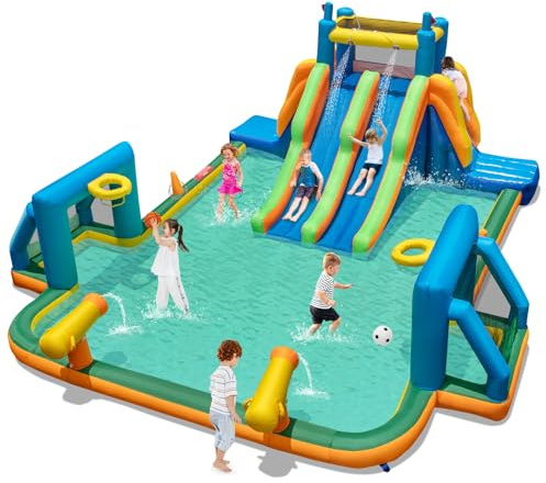 GYMAX Inflatable Water Castle, Kids Bounce House with Slides, Giant Soccer Zone, Climbing Wall, Water Cannons & Ring-toss Game, Indoor Outdoor Children Bouncy Castle for Garden