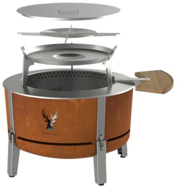 Masuria Rökfri eldskål 80 cm ⌀ Alpha 800 – med krukors, bar, plancha, lock, spetthållare – tillverkad i EU – bärbar eldtunna av rostfritt stål och cortenstål